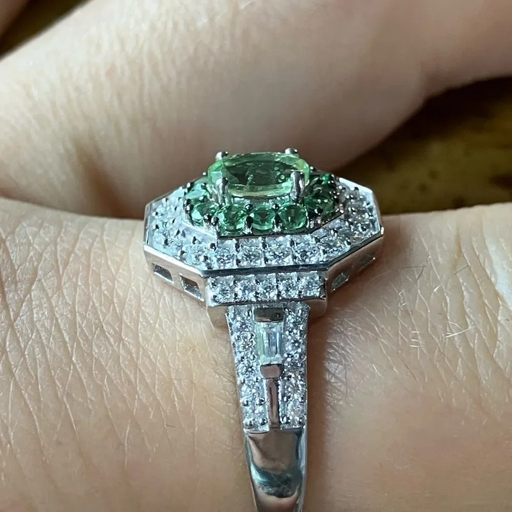 Natural Tsavorite Garnet Moissanite Sterling Silver Ring Size 8